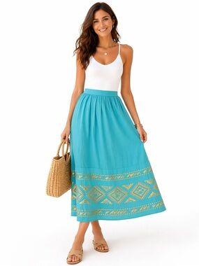 ✨ Haris Cotton Linen Skirt L Turquoise Gold Embroidered Greece Boho